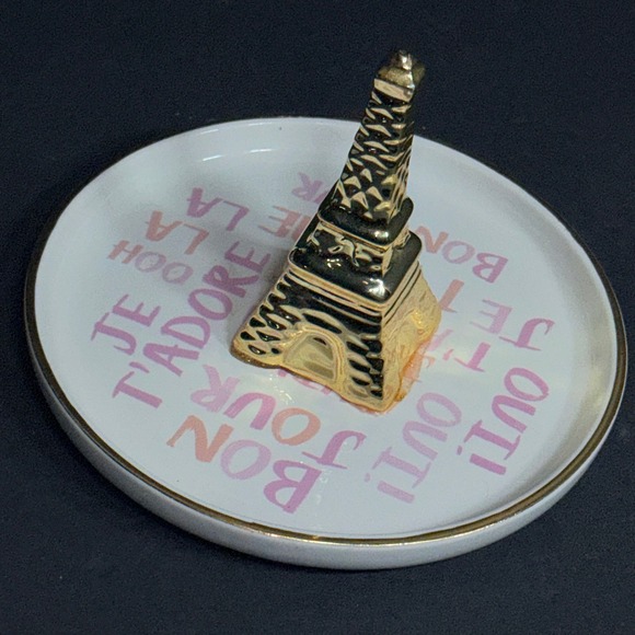 Ciroa Eiffel Tower Ring Holder Dish Gold White Pink French Phrases Stoneware 5in - Picture 13 of 14